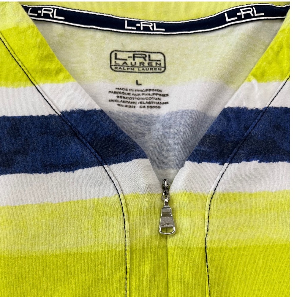 Lauren Ralph Lauren Pullover Women Large Lime Navy 3/4 Sleeve Stripe Zip Top - Picture 2 of 10